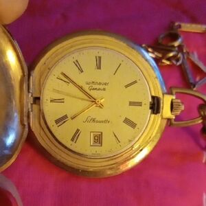 Geneva Wittnauer Sillouette Gold Pocket Watch with Roman Numerals and Date